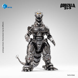 Full frontal studio view of HIYA Exquisite Basic Mechagodzilla Kiryu action figure showing chest armor and MFS-3 marking on white background.