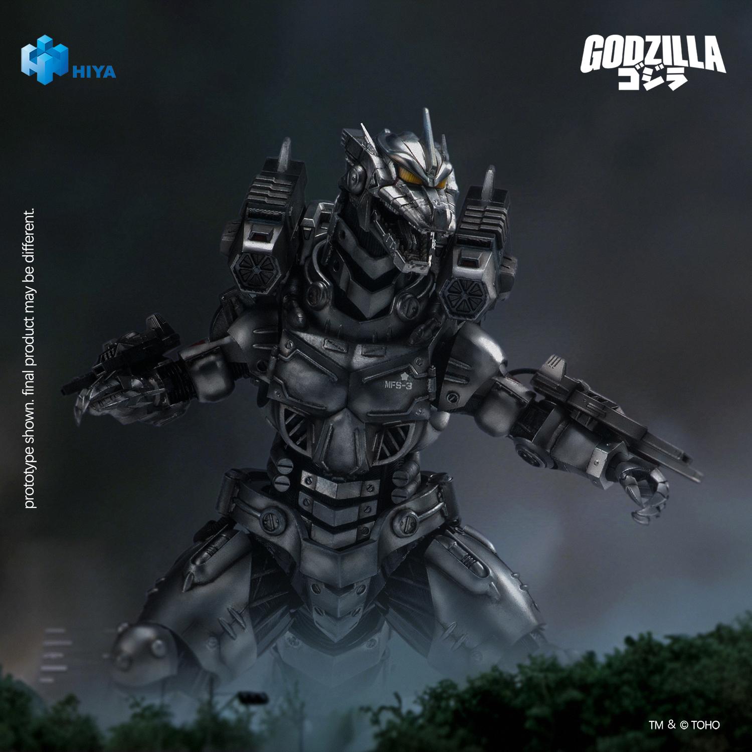 HIYA Exquisite Basic Mechagodzilla action figure in crouching combat stance equipped with full back unit armor and forearm railguns.