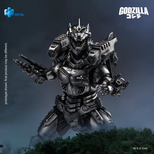 HIYA Exquisite Basic Mechagodzilla Heavy Arms version action figure posed dynamically with railguns and shoulder cannons in a night city scene.