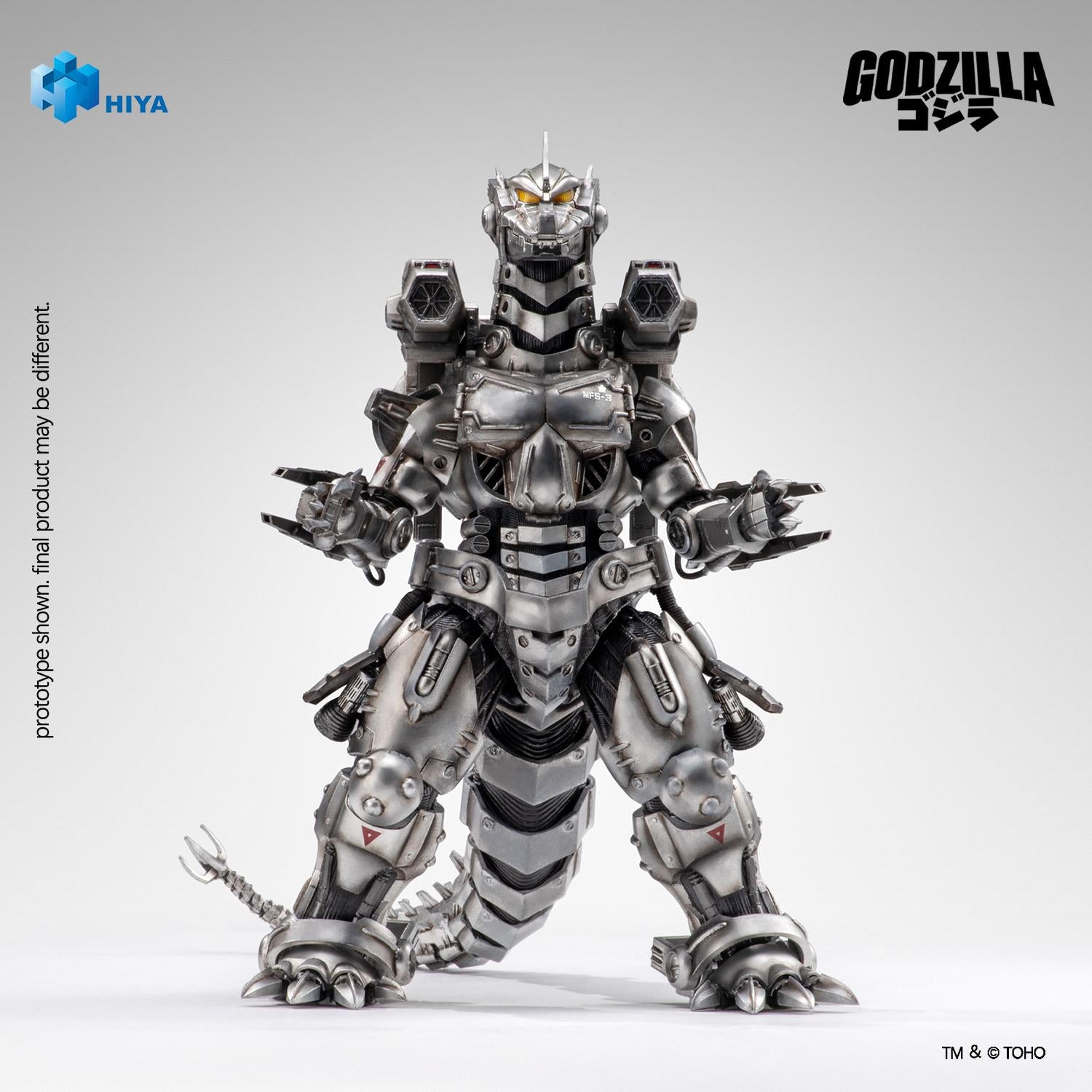 Full frontal studio shot of HIYA Exquisite Basic Mechagodzilla action figure fully equipped with Heavy Arms backpack and railguns.