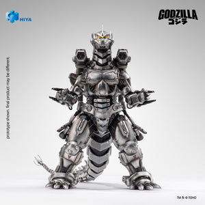 Full frontal studio shot of HIYA Exquisite Basic Mechagodzilla action figure fully equipped with Heavy Arms backpack and railguns.