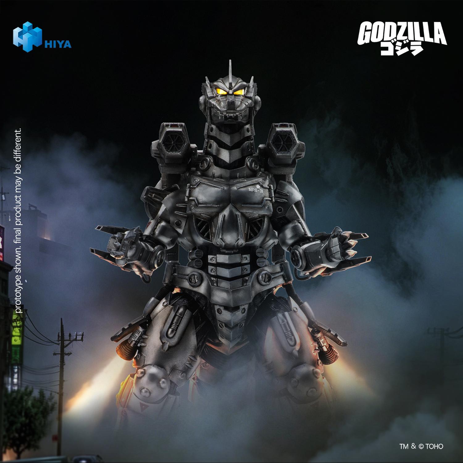 Front view of HIYA Exquisite Basic Mechagodzilla action figure activating leg thruster nozzles with smoke and flame effects.