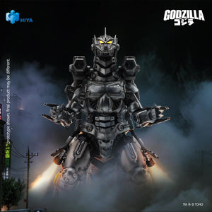 Front view of HIYA Exquisite Basic Mechagodzilla action figure activating leg thruster nozzles with smoke and flame effects.