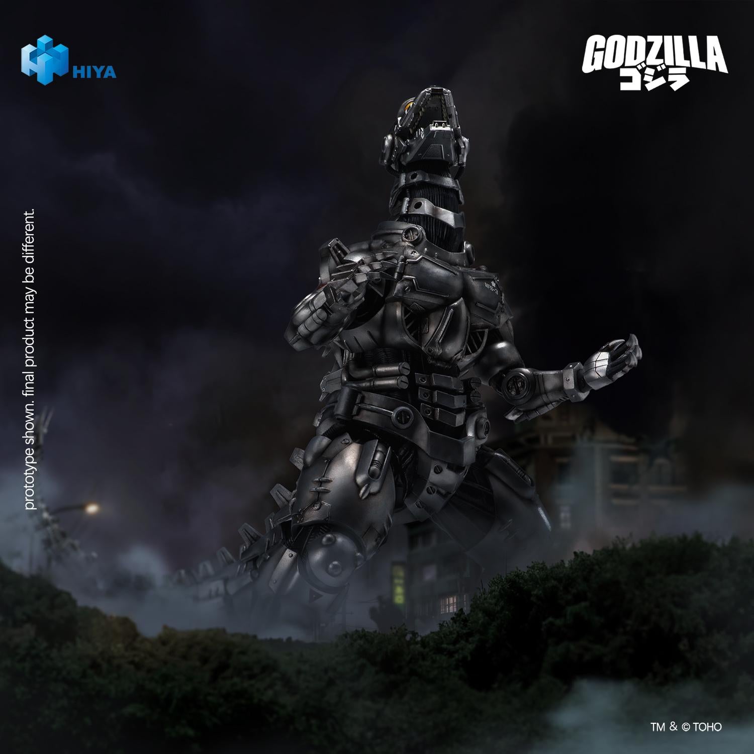 Low-angle shot of HIYA Exquisite Basic Mechagodzilla Kiryu figure roaring with open mouth in a dark atmospheric city background.