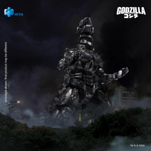Low-angle shot of HIYA Exquisite Basic Mechagodzilla Kiryu figure roaring with open mouth in a dark atmospheric city background.