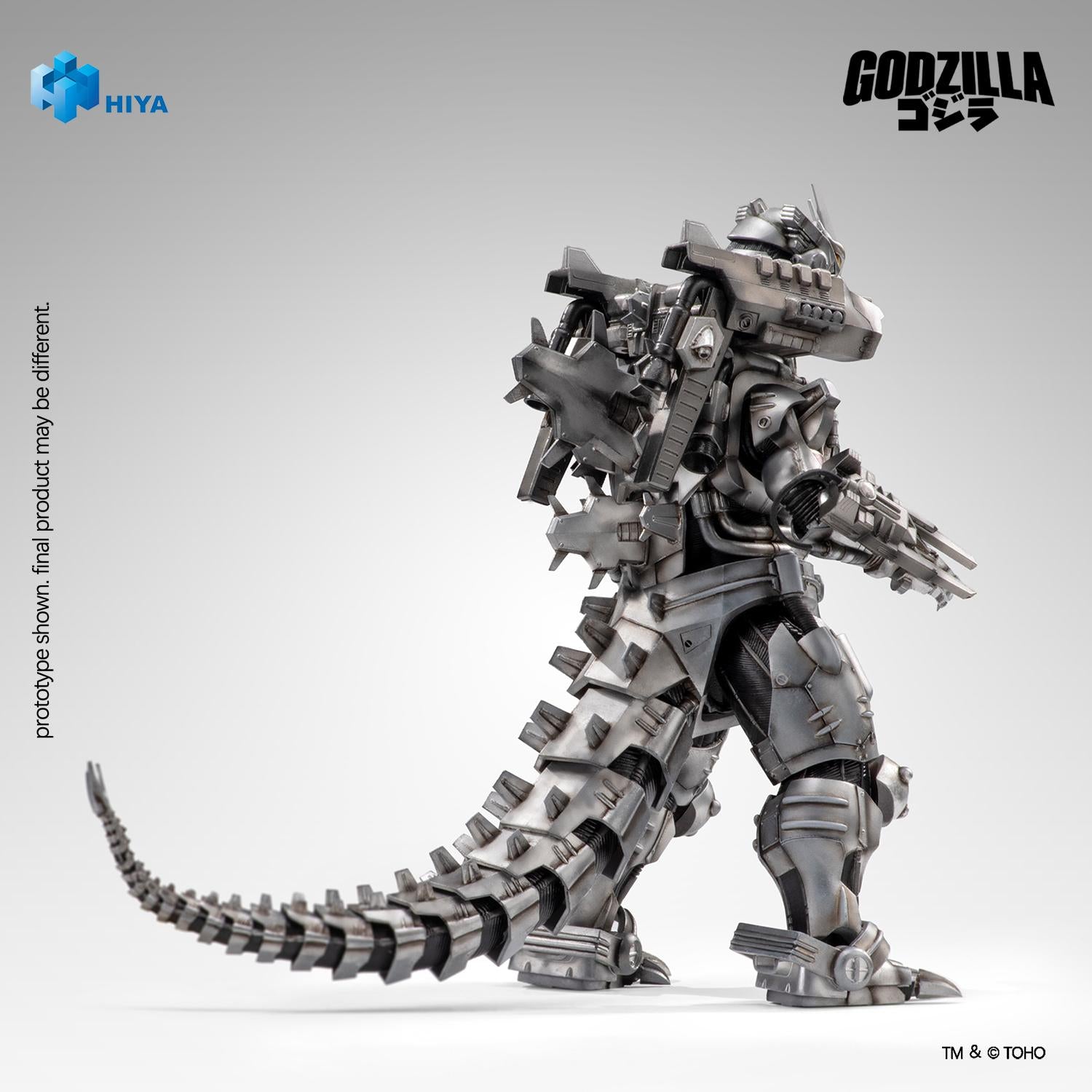 Side studio view of HIYA Exquisite Basic Mechagodzilla action figure featuring dorsal plates, back unit, and articulated mechanical tail.