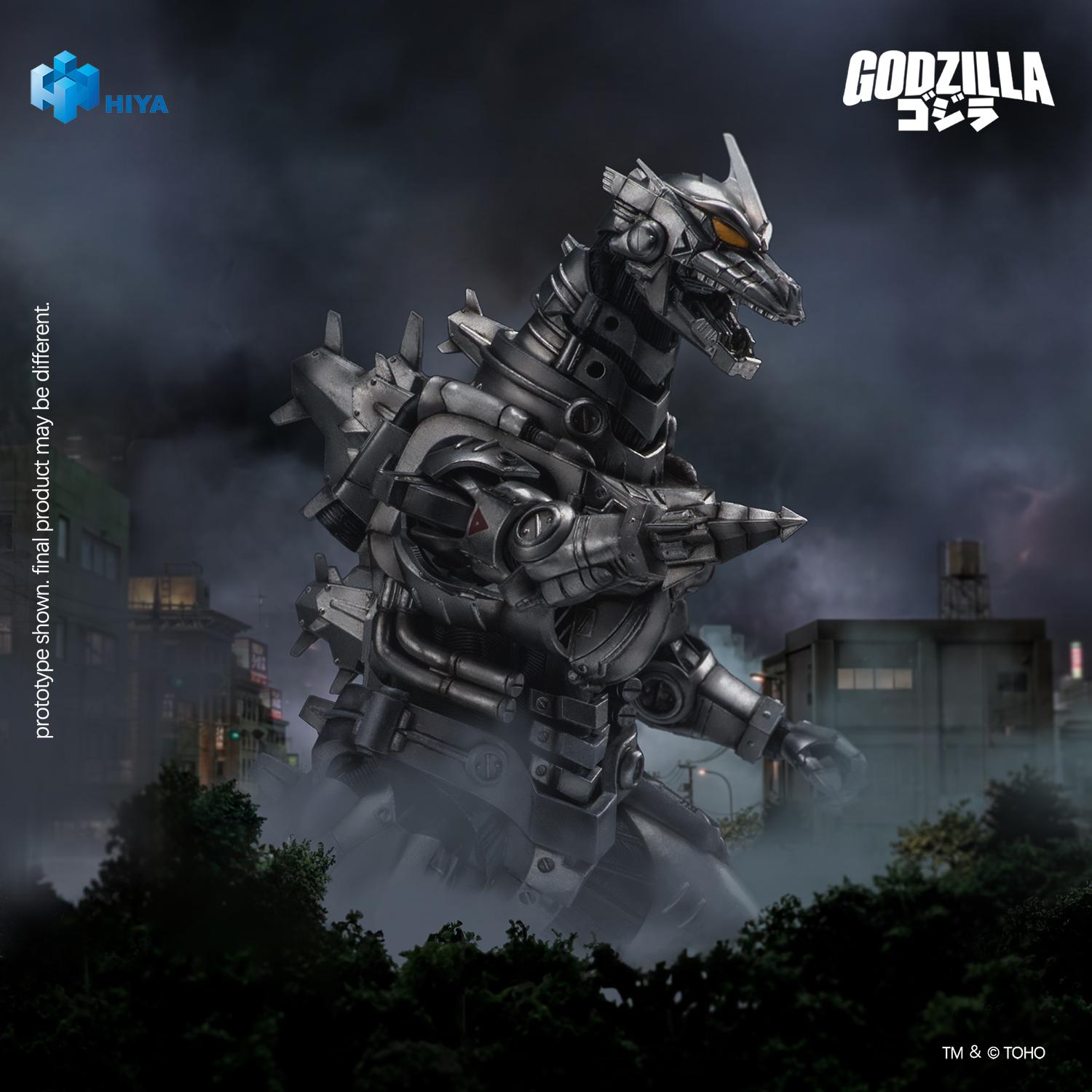 Side profile shot of HIYA Exquisite Basic Mechagodzilla action figure showcasing the interchangeable Spiral Claw drill attack attachment.