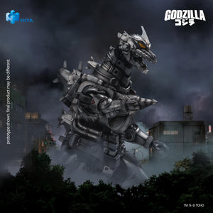 Side profile shot of HIYA Exquisite Basic Mechagodzilla action figure showcasing the interchangeable Spiral Claw drill attack attachment.