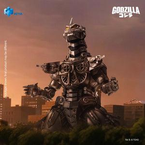 Close-up of HIYA Exquisite Basic Mechagodzilla figure displaying the open chest hatch with Triple Hyper Maser Cannon details against a sunset skyline.