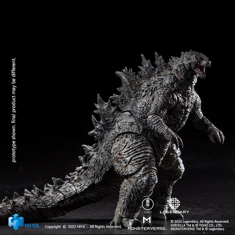 Full body profile view of HIYA Exquisite Basic Godzilla vs. Kong 2021 action figure displaying dorsal fins and tail articulation against a black background.