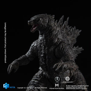 Upper body close-up of HIYA Exquisite Basic Godzilla 2021 figure roaring with open mouth on dark background.