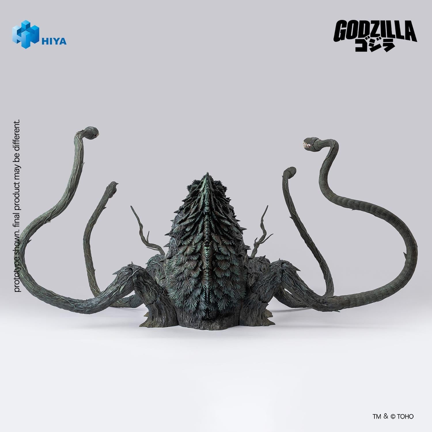 Rear studio shot of the Hiya Toys Biollante figure highlighting the layered spiny dorsal plates and sprawling root base against a white backdrop.