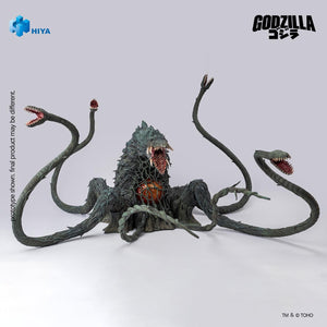 Low-angle front view of the Hiya Toys Biollante action figure showcasing its wide-open toothy maw and articulated mouth-tipped vines.