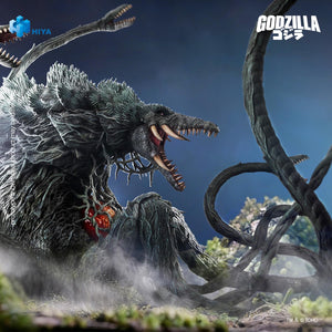 Cinematic diorama photo of Biollante roaring over a misty landscape with foliage and an illuminated orange-red chest core under a dark sky.