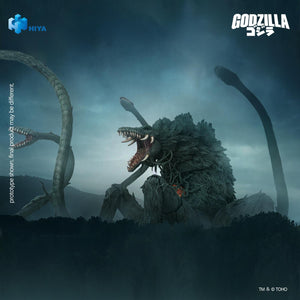 Wide cinematic promo shot of the Biollante figure looming over a foggy forest tree line with massive extended vine tentacles.
