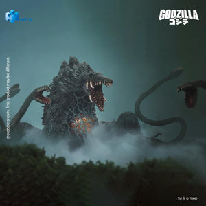 Dynamic side-angle battle scene of the Biollante figure roaring with open jaws amidst thick rolling fog and dense shrubbery.