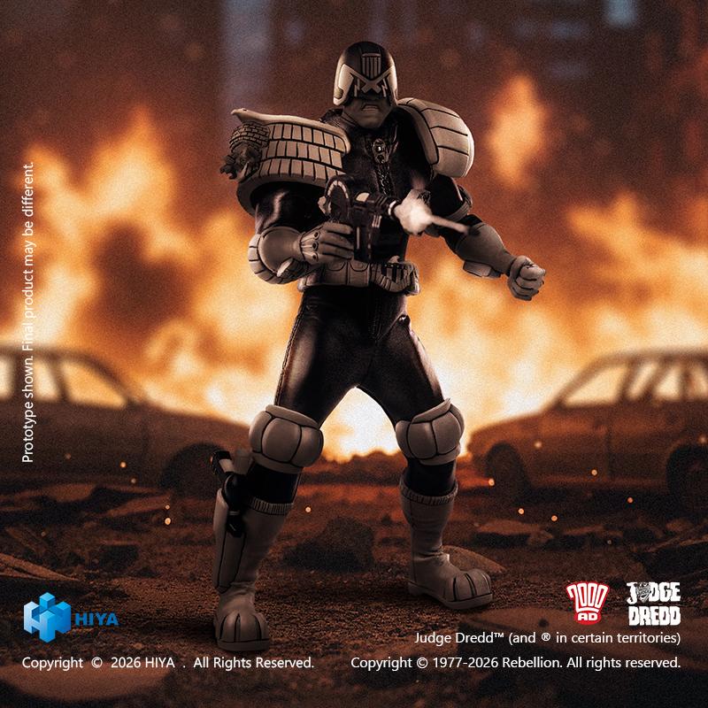 Hiya Toys Exquisite Super Series 1/12 scale monochrome Judge Dredd action figure firing the Lawgiver machine pistol against a fiery explosion backdrop.