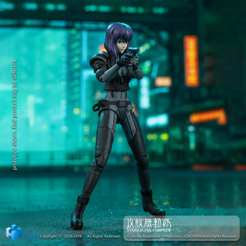 Hiya Toys Exquisite Super Series Motoko Kusanagi Battle Suit action figure aiming a pistol against a futuristic cyberpunk cityscape background.