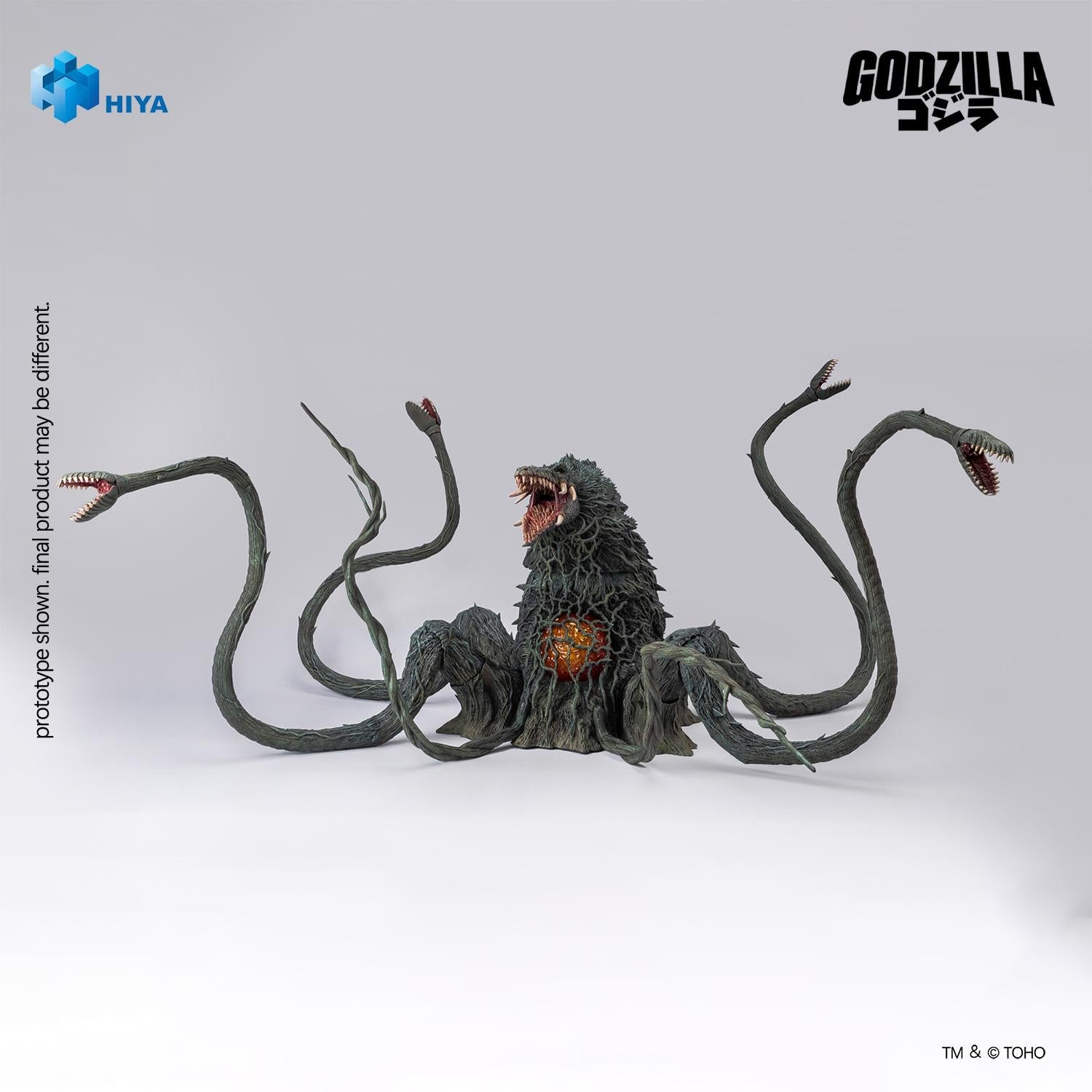Hiya Toys Exquisite Basic Biollante figure front studio view with spread fanged tendrils and translucent orange core on a white background.