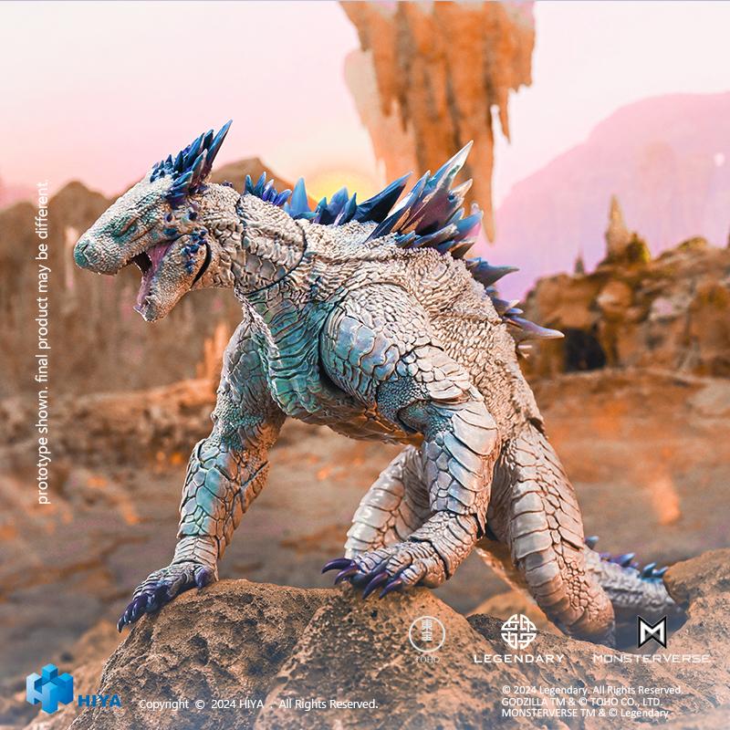 HIYA Toys Godzilla x Kong Shimo figure crouched on a rocky outcrop in a roaring quadruped stance