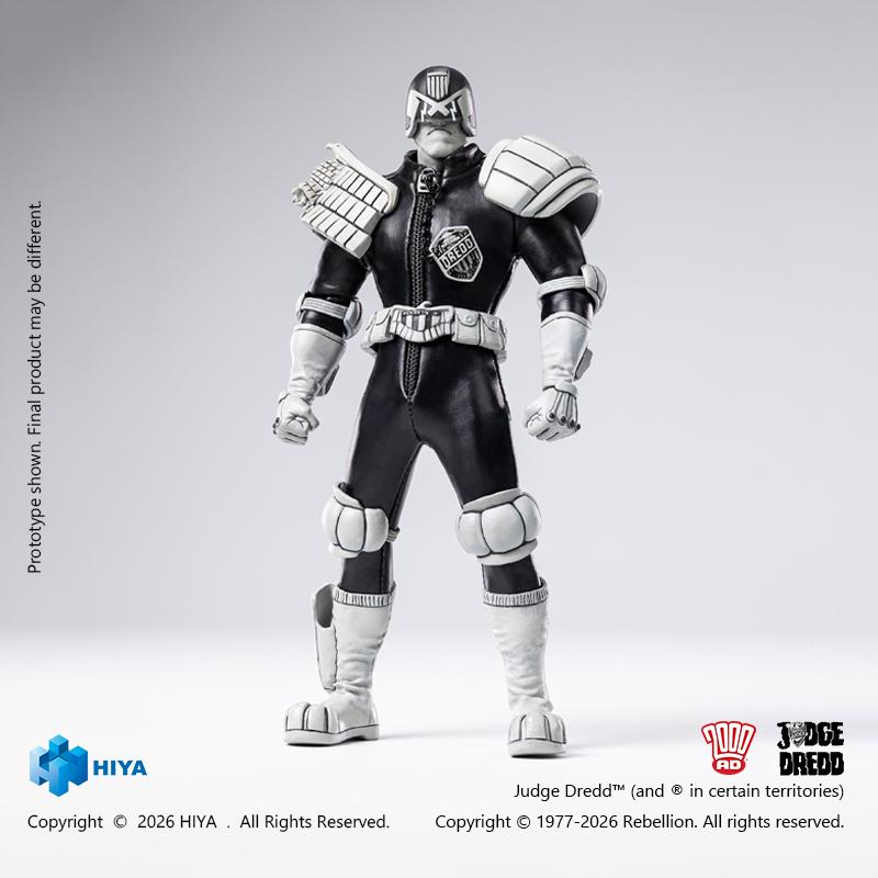 Full-body front studio view of the Hiya Toys Exquisite Super Judge Dredd Black and White Version 1/12 scale figure on a white background.