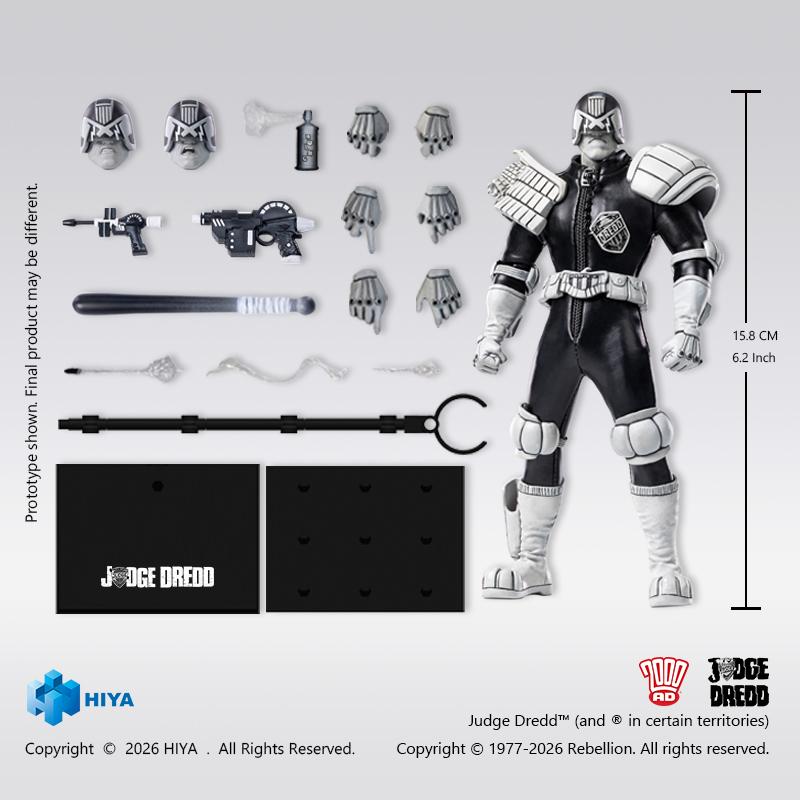 Accessory layout and scale diagram showing the 6.2-inch Judge Dredd figure with 3 interchangeable face plates, hands, Daystick baton, Boing! spray can, and display stands.
