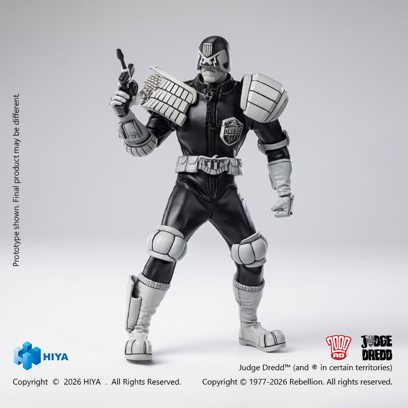1/12 scale Judge Dredd black and white action figure holding up the Lawgiver pistol in a ready stance on a clean white background.