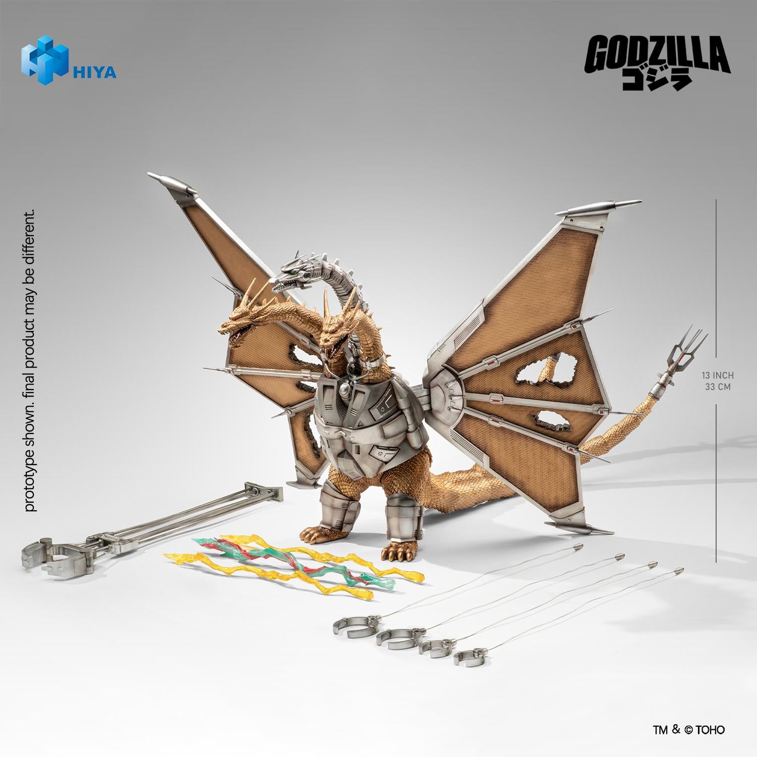 Hiya Toys Exquisite Basic Mecha-King Ghidorah Battle Damaged action figure displayed with capture arm, gravity rays, and traction cable accessories.