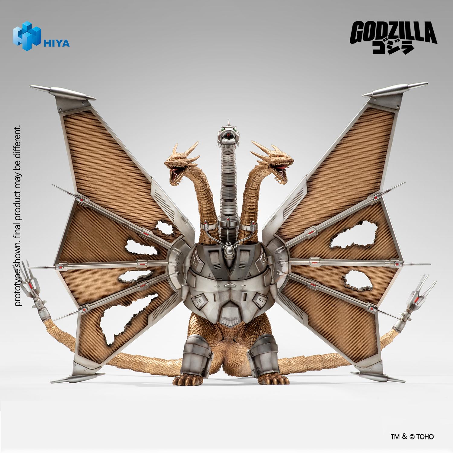 Full front view of the Hiya Toys Mecha-King Ghidorah figure with wings spread, revealing wing damage and chest armor.