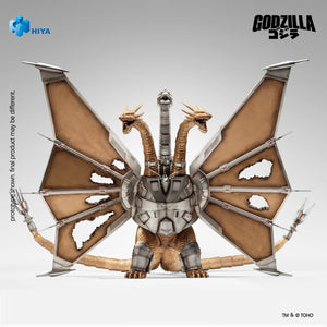 Full front view of the Hiya Toys Mecha-King Ghidorah figure with wings spread, revealing wing damage and chest armor.