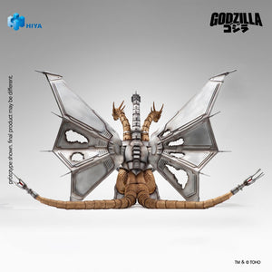 Rear view of the battle-damaged Mecha-King Ghidorah figure highlighting the mechanical spine and dual tails.