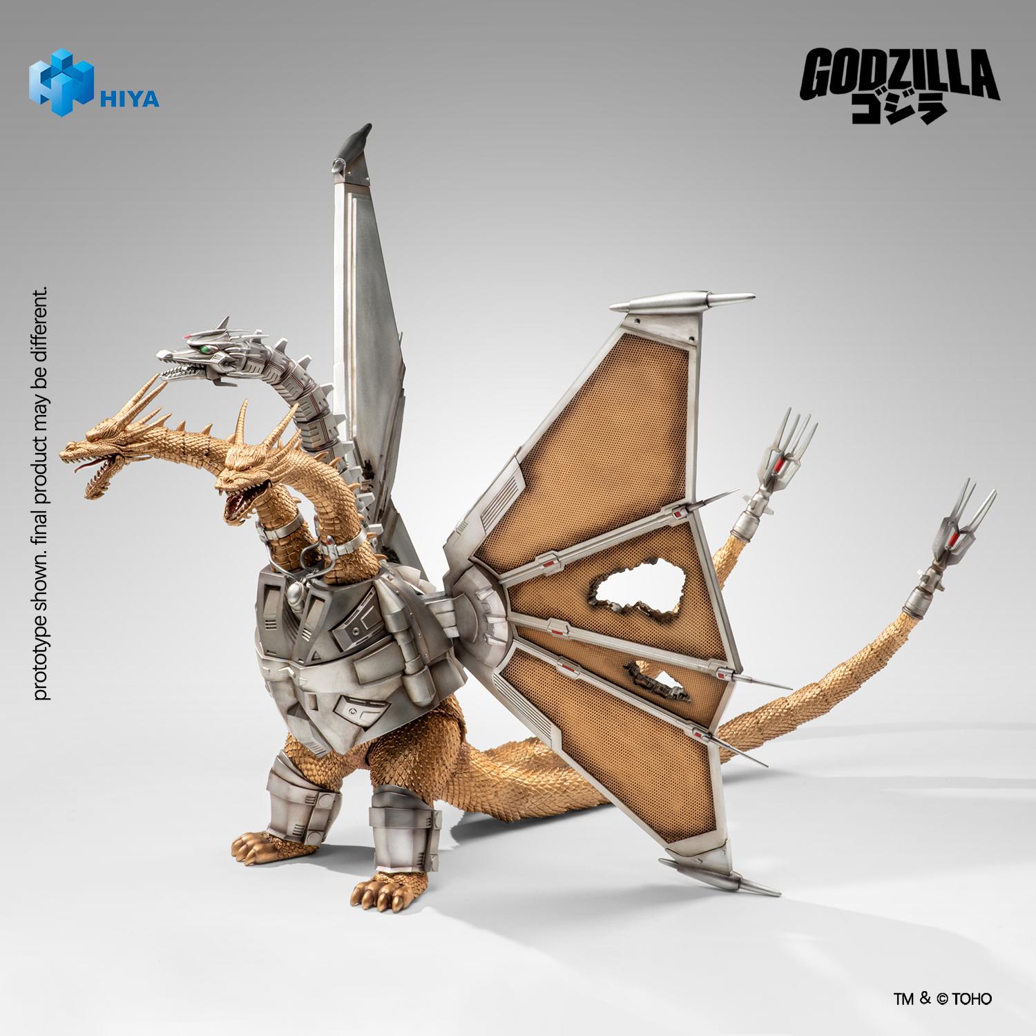 Three-quarter view of Hiya Toys Mecha-King Ghidorah showing torn wings and battle-damaged mechanical armor.