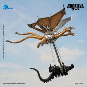 Mecha-King Ghidorah in an aerial flight pose lifting Godzilla with mechanical capture arms and cables.