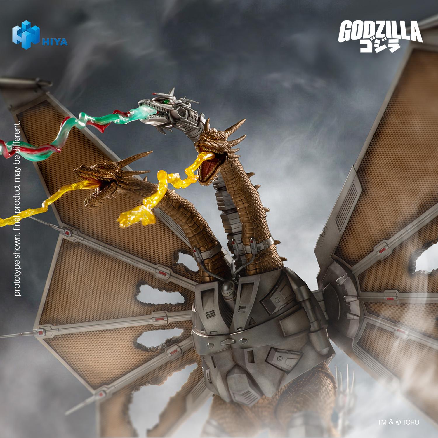 Close-up portrait of Mecha-King Ghidorah unleashing gravity rays against a stormy sky.