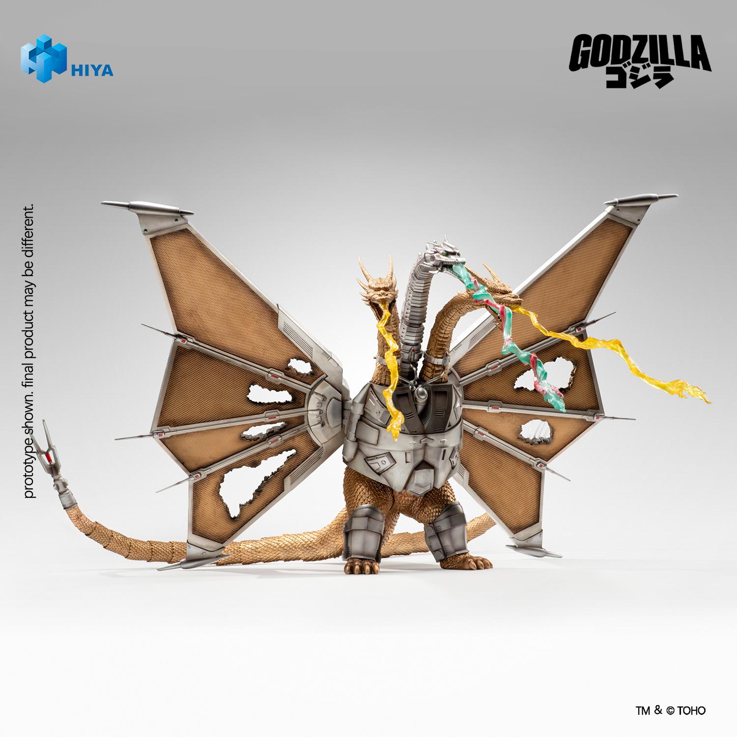 Hiya Toys Mecha-King Ghidorah Battle Damaged figure firing multi-colored gravity ray beam effects from its three heads.