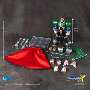 Full product layout of the Hiya Toys Exquisite Basic 7-inch Mega Man X Sigma action figure with fabric cape, face plates, hands, back armor options, saber hilts, effects, and stand.