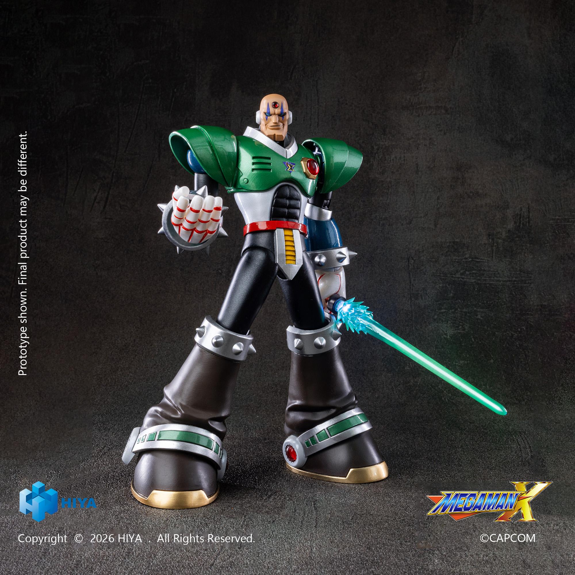 Hiya Toys Exquisite Basic Mega Man X Sigma action figure standing in a combat stance holding an ignited green beam saber.