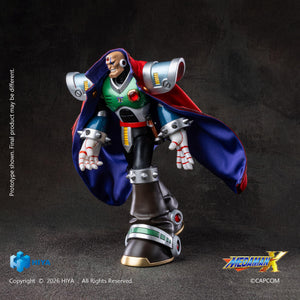 Mega Man X Sigma action figure wearing a red fabric cape with purple lining and metallic silver shoulder armor attachments.