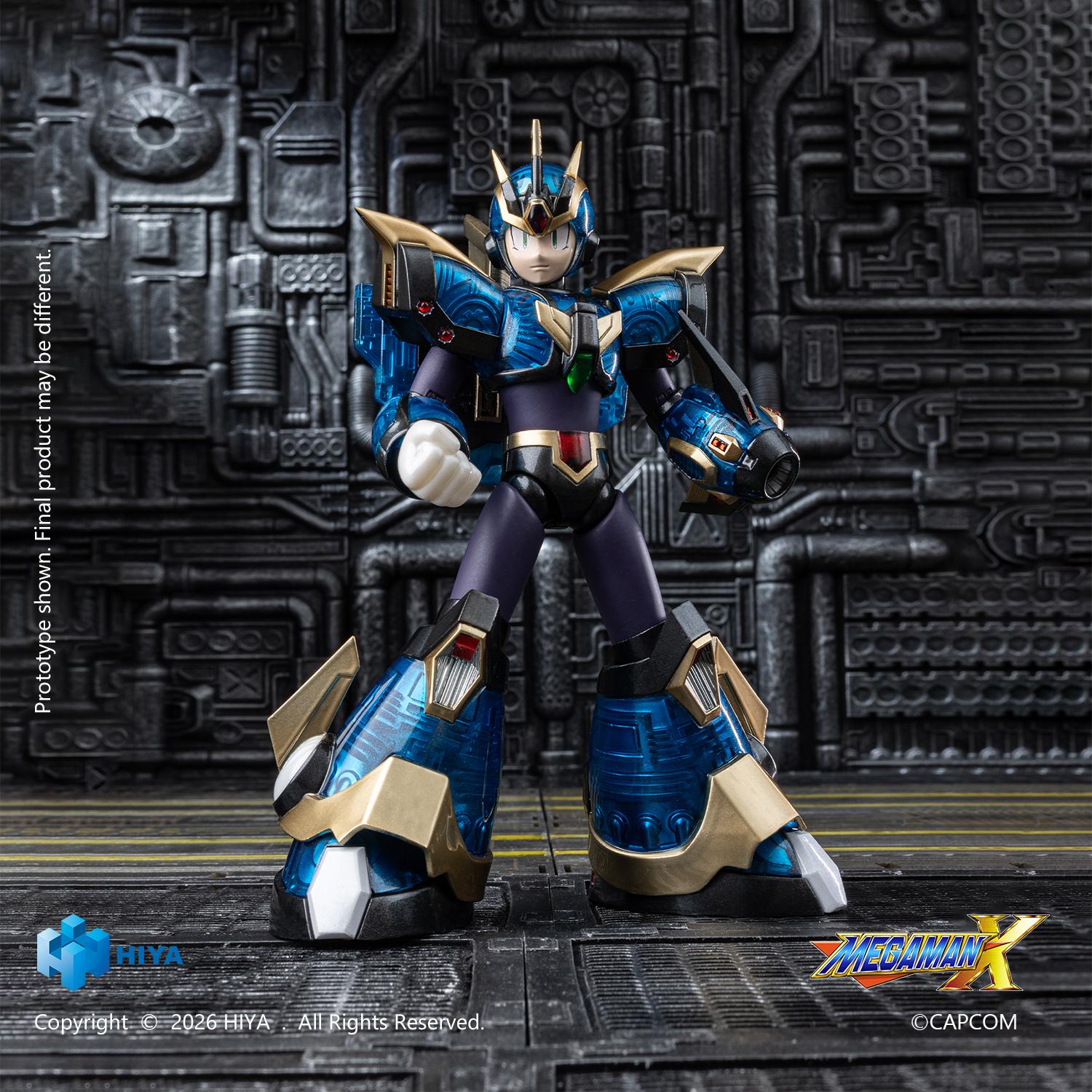 Rear three-quarter view of the Mega Man X Ultimate Armor figure showcasing the blue translucent armor plating and golden accents.