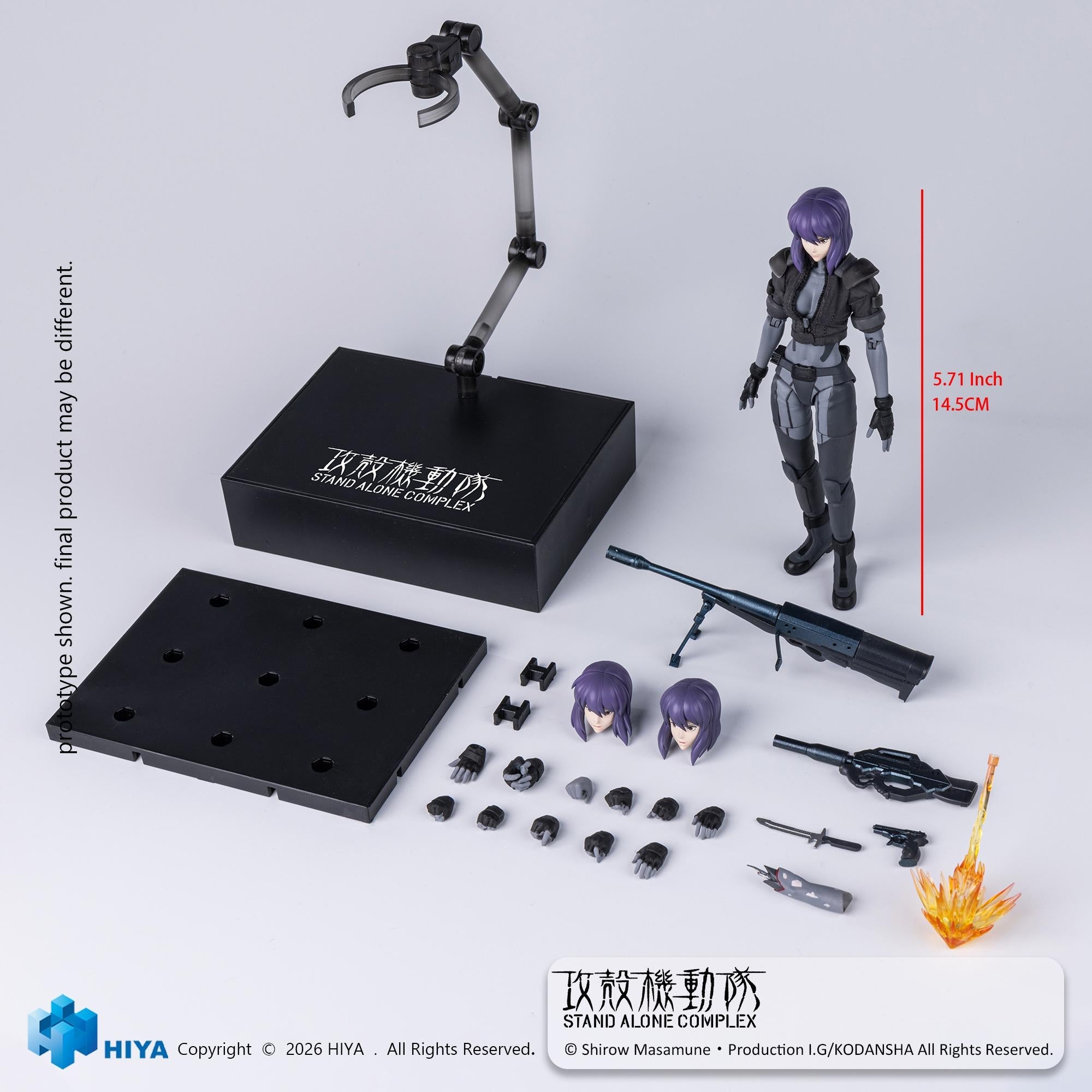 Product display layout of the Hiya Toys 1/12 scale Motoko Kusanagi Battle Suit figure showing alternate heads, hands, weapons, severed arm accessory, effect part, and stand.