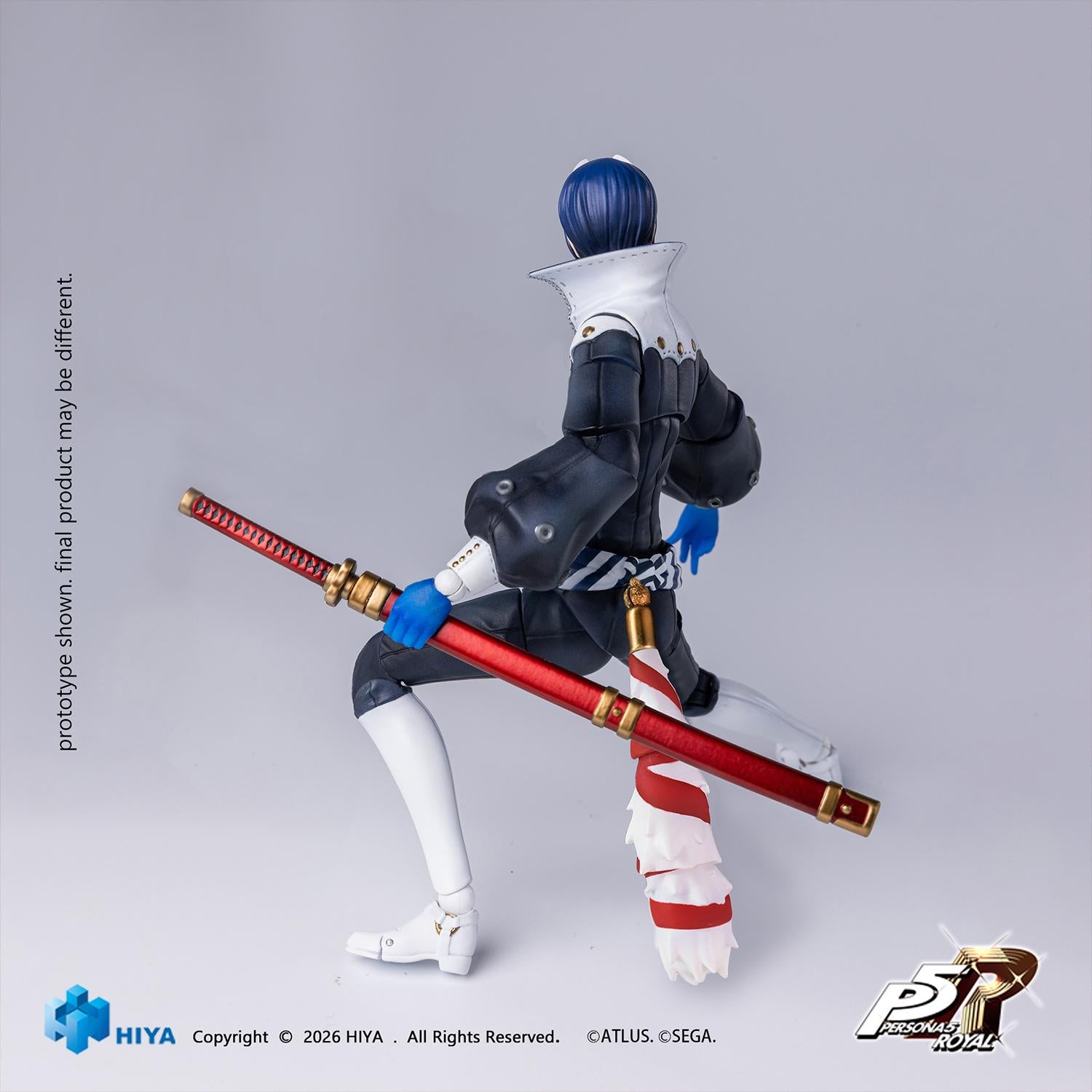 Rear view of the 1/12 scale Hiya Toys Persona 5 Royal Fox figure holding a red scabbard, highlighting suit details and fox tail tassel.