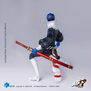 Rear view of the 1/12 scale Hiya Toys Persona 5 Royal Fox figure holding a red scabbard, highlighting suit details and fox tail tassel.