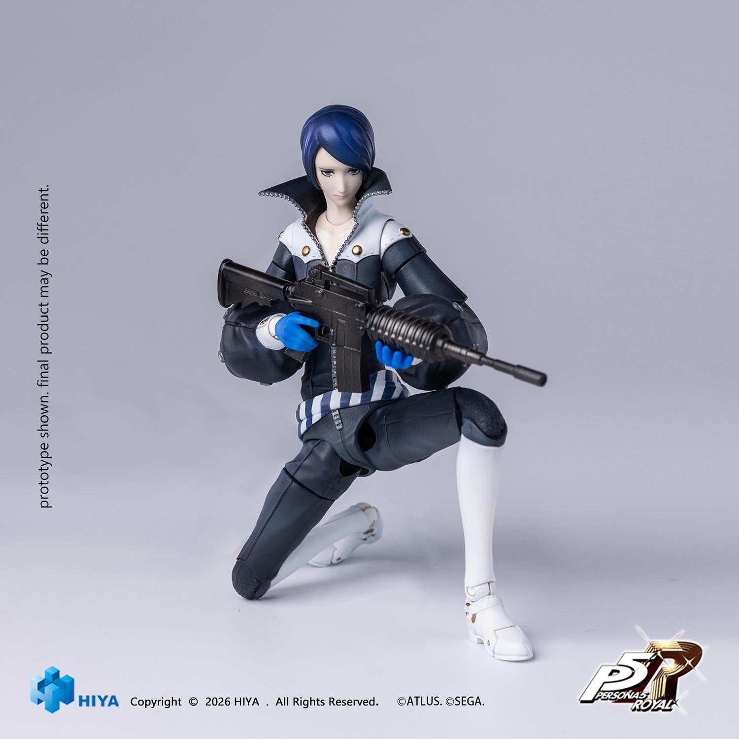 Unmasked Hiya Toys Persona 5 Royal Fox action figure in a kneeling pose aiming his assault rifle weapon.