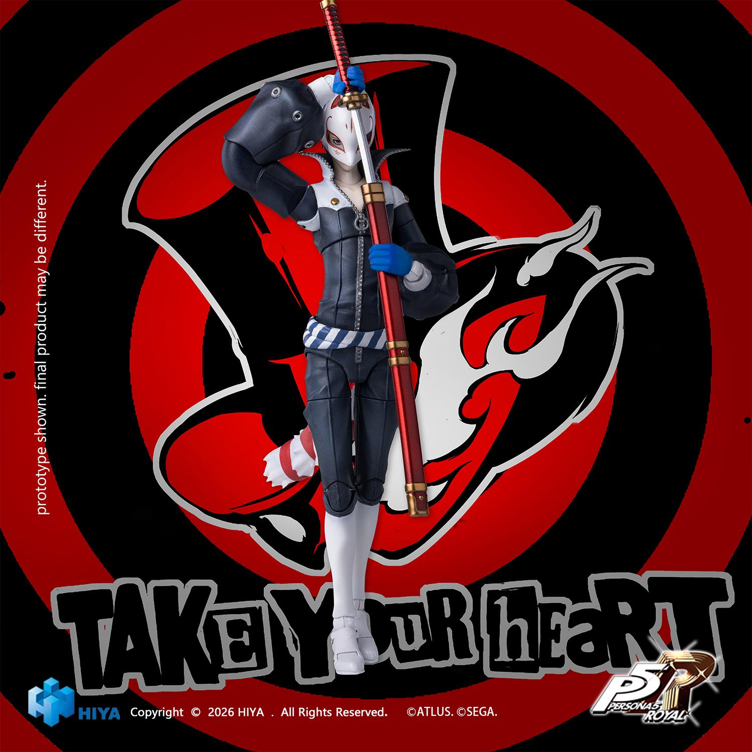 Hiya Toys Persona 5 Royal Fox figure wearing a kitsune mask holding his red sheath vertically in front of his body.