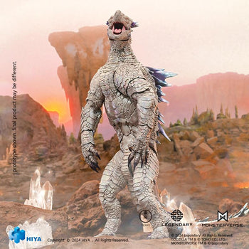 HIYA Toys Exquisite Basic Shimo action figure standing on hind legs and roaring in a Hollow Earth environment