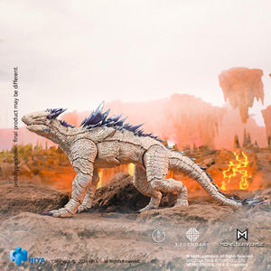 Side profile view of the HIYA Toys Shimo action figure in a four-legged posture against a lava background