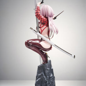 Left side profile of the Scarlet 1/10 scale figure showing her crouching posture and the length of her silver sword scabbard.