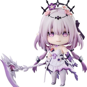 Close-up front view of the Honkai: Star Rail Castorice Nendoroid figure showing her pastel purple hair, pink eyes, floral hair accessories, and white dress while holding her ornate light purple scythe.