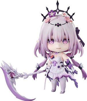 Close-up front view of the Honkai: Star Rail Castorice Nendoroid figure showing her pastel purple hair, pink eyes, floral hair accessories, and white dress while holding her ornate light purple scythe.