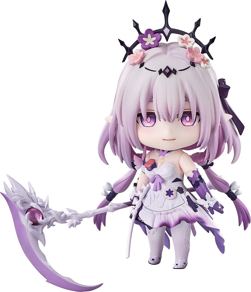 Close-up front view of the Honkai: Star Rail Castorice Nendoroid figure showing her pastel purple hair, pink eyes, floral hair accessories, and white dress while holding her ornate light purple scythe.